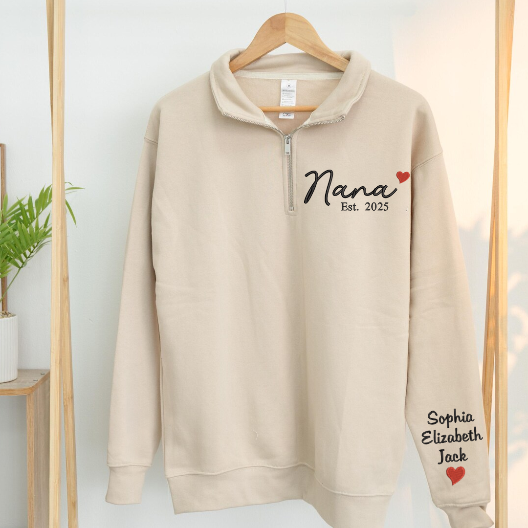 Nana Heart Sweatshirt, Personalized Nana And Grandkids Embroidered Quarter Zip Sweater
