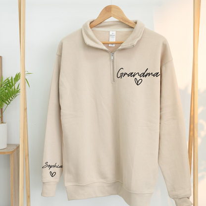 Custom Embroidered Grandma heart Sweatshirt And Grandkids Quarter Zip Sweater
