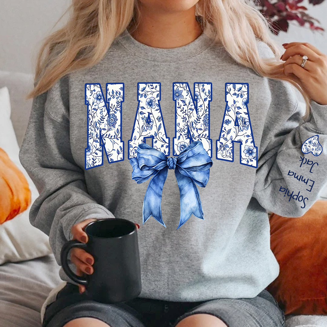 Mimi Floral Toile Blue Water Color Coquette Bow Gift For Grandma And Grandkids Sweatshirt