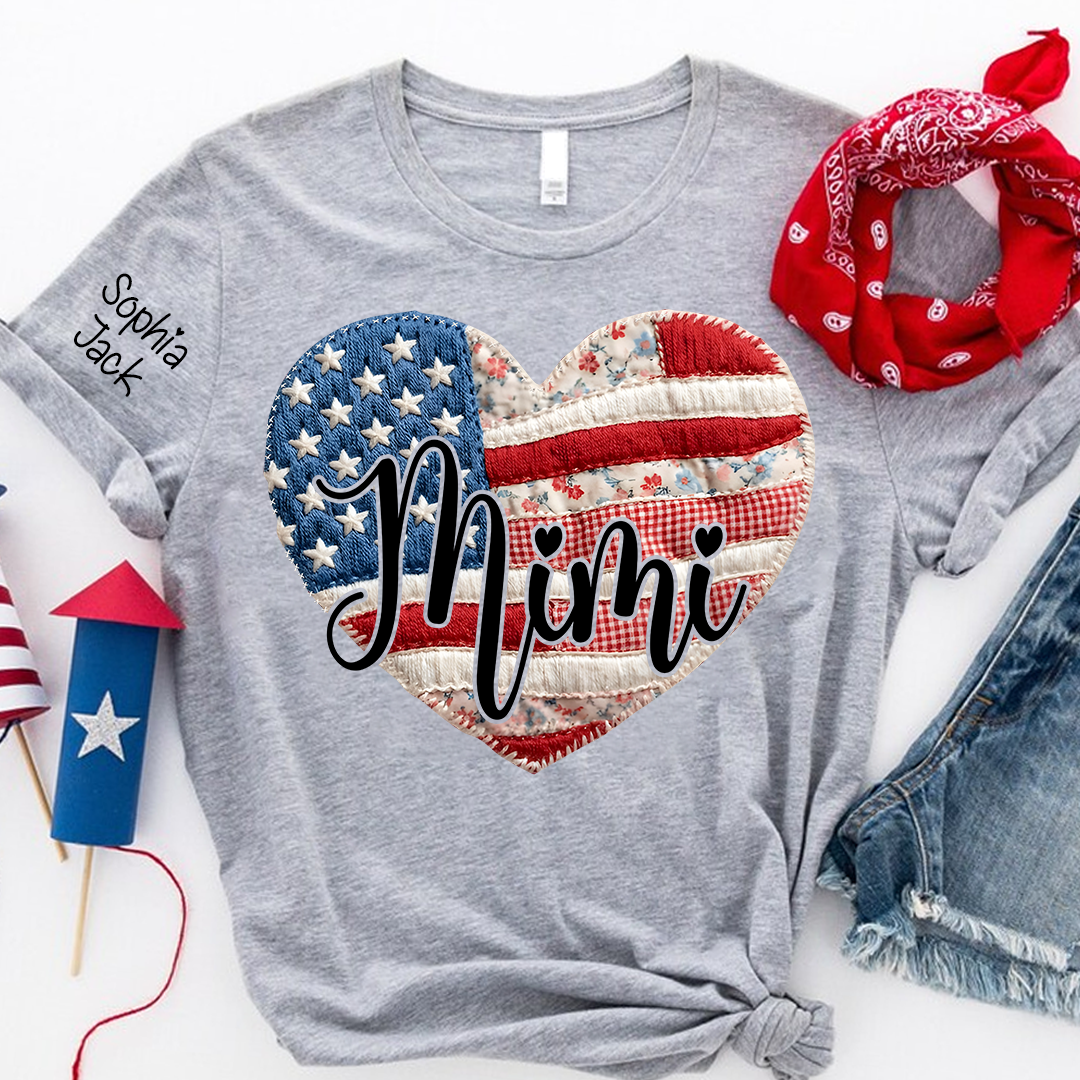 Custom Heart Flag T-Shirt, Personalized American Flag Design for Mimi, Gigi, Grandma, Nana, Patriotic Shirt for Mother's Day, Independence Day, and Birthday Gifts