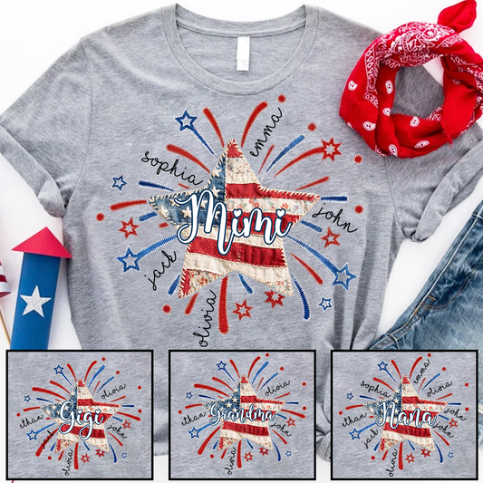 Personalized Mimi Patriotic Patchwork Star Shirt Custom Kids Names, American Flag Fireworks Graphic T Shirt for Grandma Nana Gigi, 4th of July Family Gift