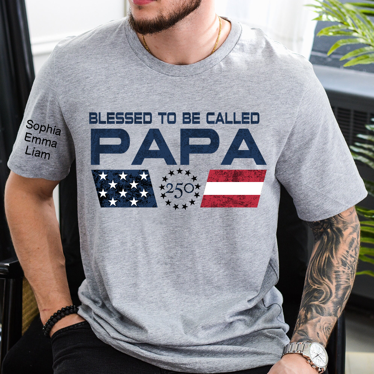Personalized Blessed To Be Called Papa Shirt, Custom Kids Names for Dad Grandpa, U.S. 250th Anniversary Father’s Day Shirt