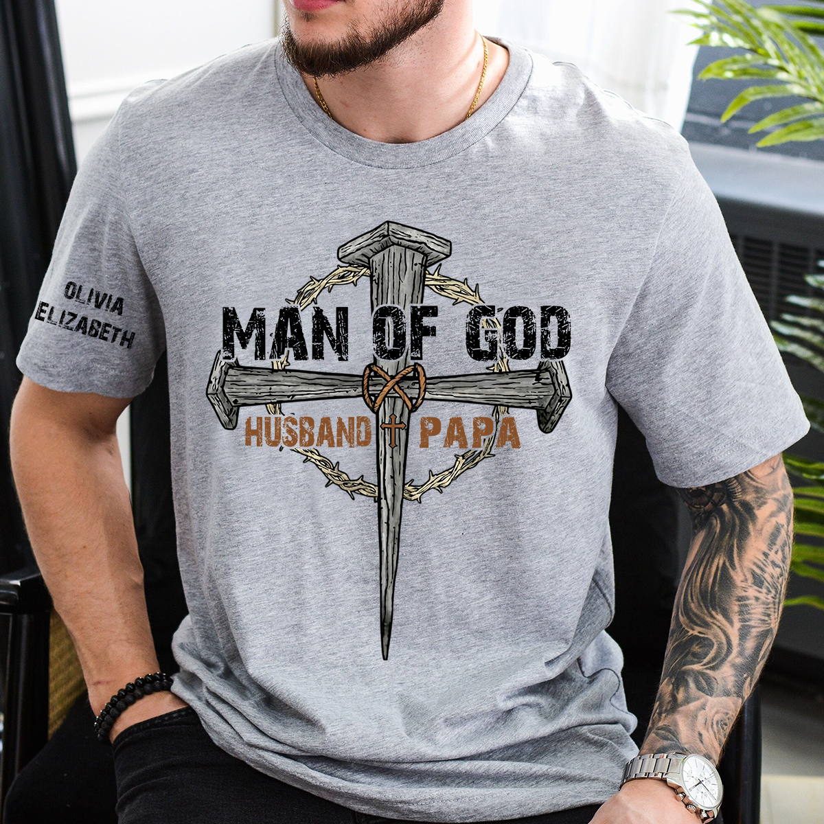Personalized Man of God Shirt with Custom Kids Names on Sleeve, Christian Papa Shirt, Husband Faith Cross T Shirt, Religious Father's Day Gift for Dad Grandpa