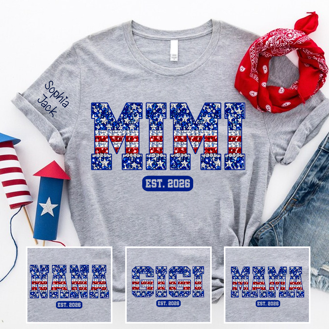 Mimi Faux Rhinestone Patriotic USA Flag Shirt Custom Nickname T-Shirt with Kids Names on Sleeve Est 2026 4th of July Mothers Day Family Matching Tee for Grandma Nana Gigi