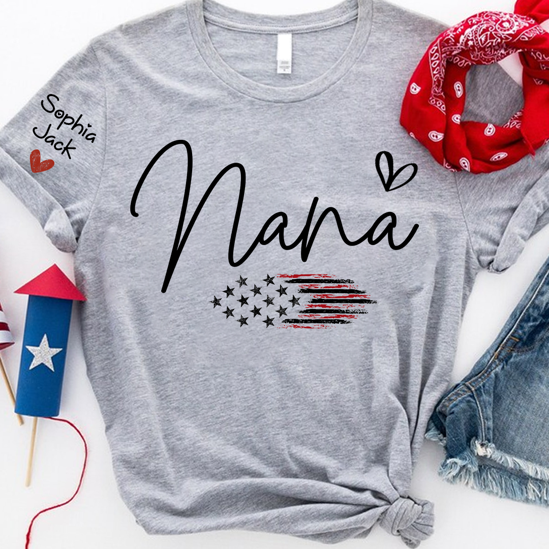 Personalized Nana American Flag T-Shirt, Custom Design with Name, Patriotic Family Shirt for 4th of July, Gifts for Mother's Day, Birthday
