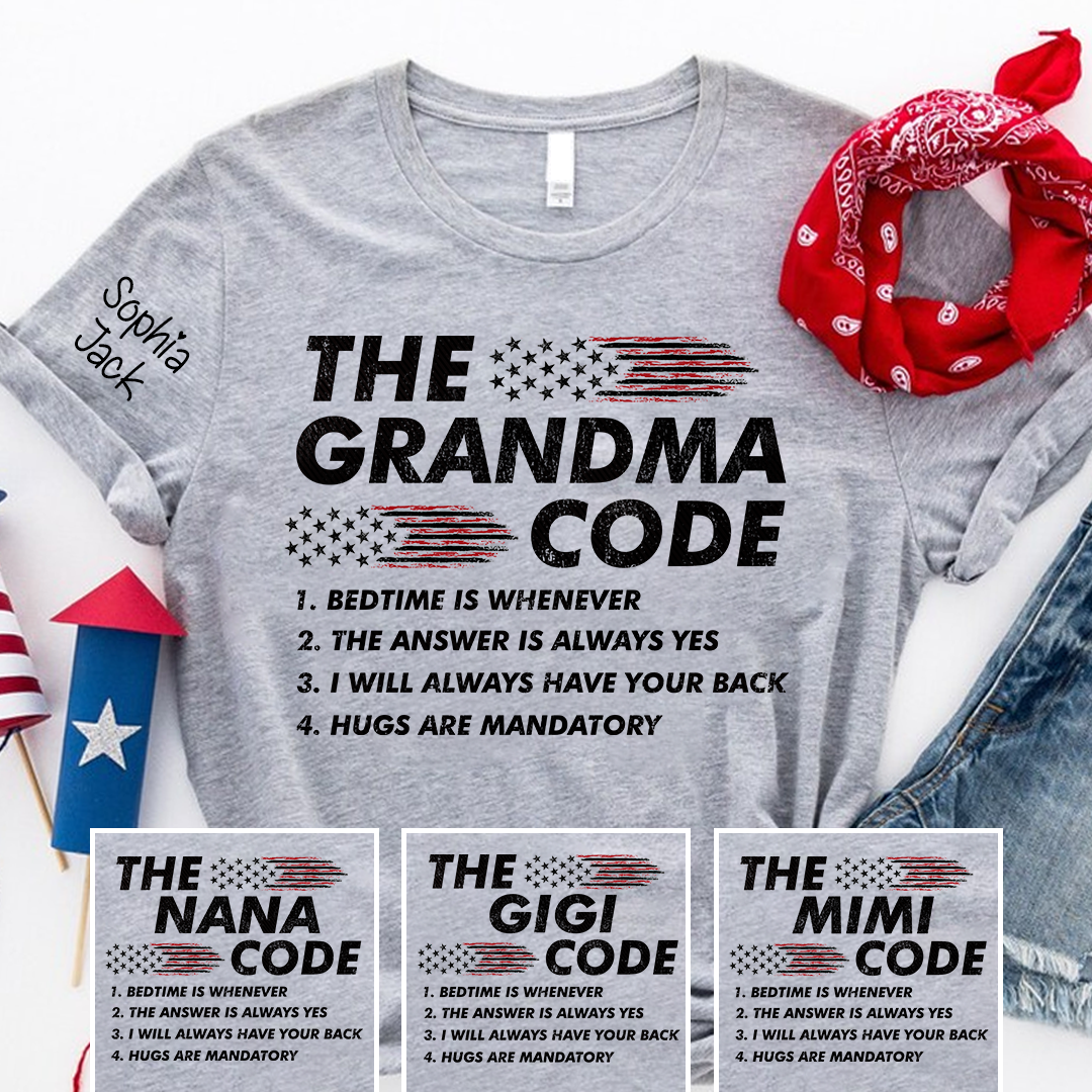 Personalized American Flag 'The Grandma Code' T-Shirt – Custom Mimi, Gigi, Nana Shirts, Fun Gift for Grandparents, Perfect for Mother’s Day and Birthdays