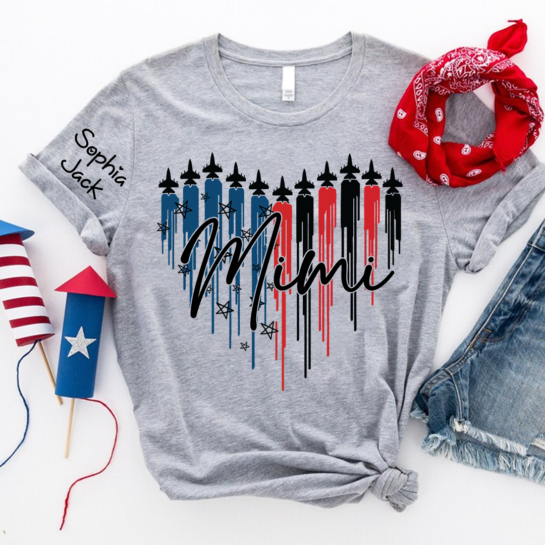 Personalized Mimi Patriotic Jet Heart USA Graphic Tee, Custom Family Nickname Shirt  for 4th of July, Gifts for Mother's Day, Birthday
