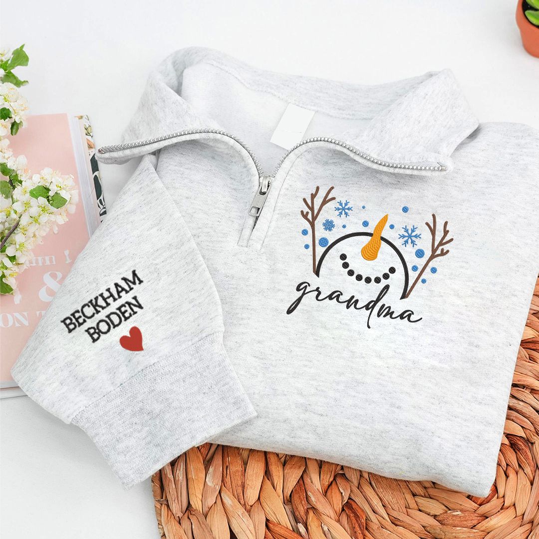 Custom Embroidered Grandma Snowman Sweatshirt And Grandkids Quarter Zip Sweater