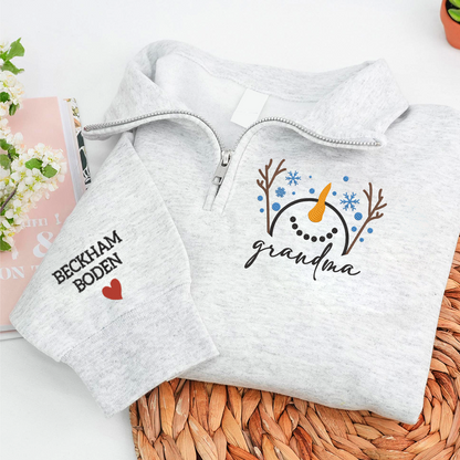 Custom Embroidered Grandma Snowman Sweatshirt And Grandkids Quarter Zip Sweater