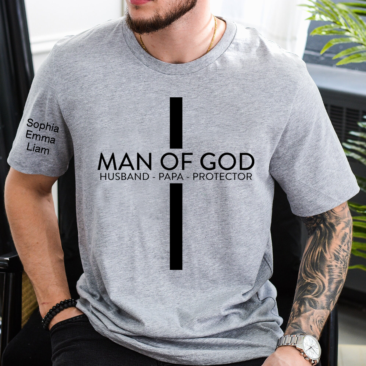 Personalized Man of God Shirt Custom Kids Names on Sleeve, Christian Papa Dad Grandpa Poppy T Shirt, Husband Protector Faith Family Gift for Father's Day Birthday