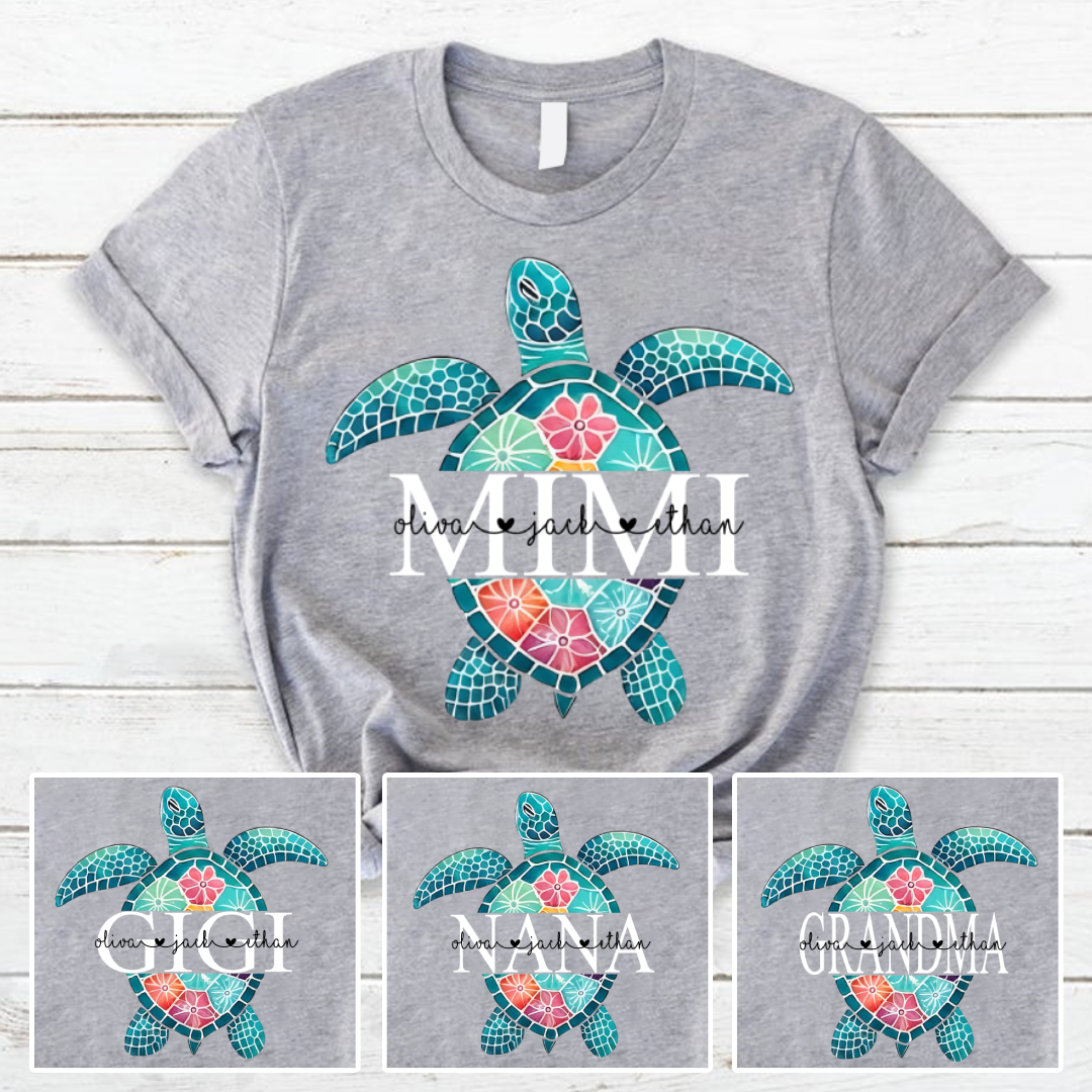 Personalized Mimi Sea Turtle Shirt, Custom Kids Names Floral Tee, Custom Family Names Gift for Grandma Shirt