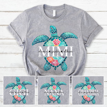 Personalized Mimi Sea Turtle Shirt, Custom Kids Names Floral Tee, Custom Family Names Gift for Grandma Shirt