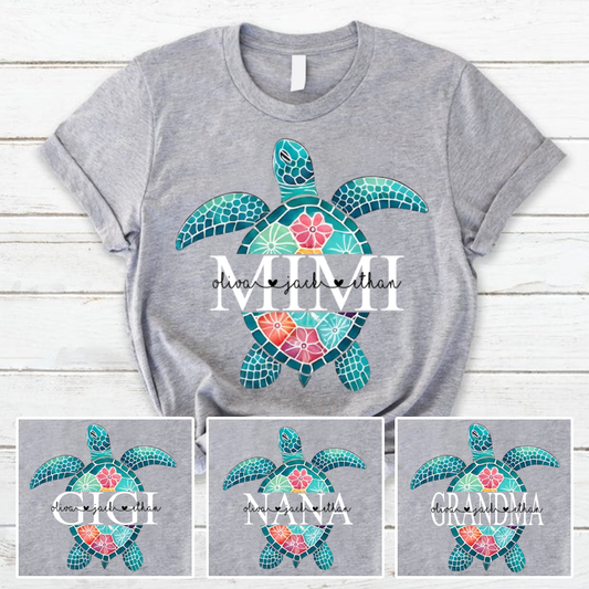 Personalized Mimi Sea Turtle Shirt, Custom Kids Names Floral Tee, Custom Family Names Gift for Grandma Shirt