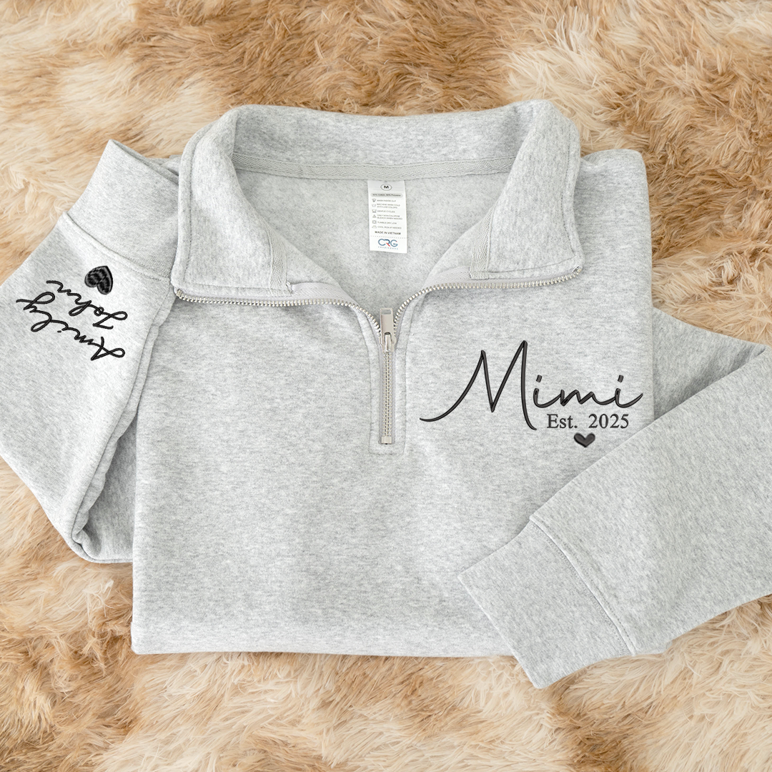 Mimi Heart Est Sweatshirt, Mimi And Grandkids Embroidered Quarter Zip Sweater