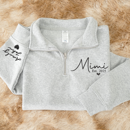 Mimi Heart Est Sweatshirt, Mimi And Grandkids Embroidered Quarter Zip Sweater
