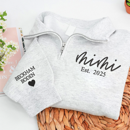 Mimi est Sweatshirt, Grandma And Grandkids Embroidered Quarter Zip Sweater