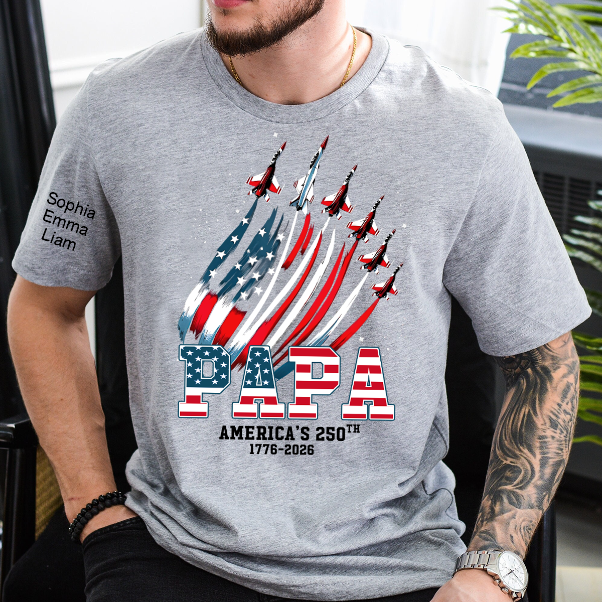 Personalized Papa Patriotic American Flag Shirt with Kids Names, Custom Family Nickname T-Shirt for Dad Fathers Day 4th of July America’s 250th 1776-2026