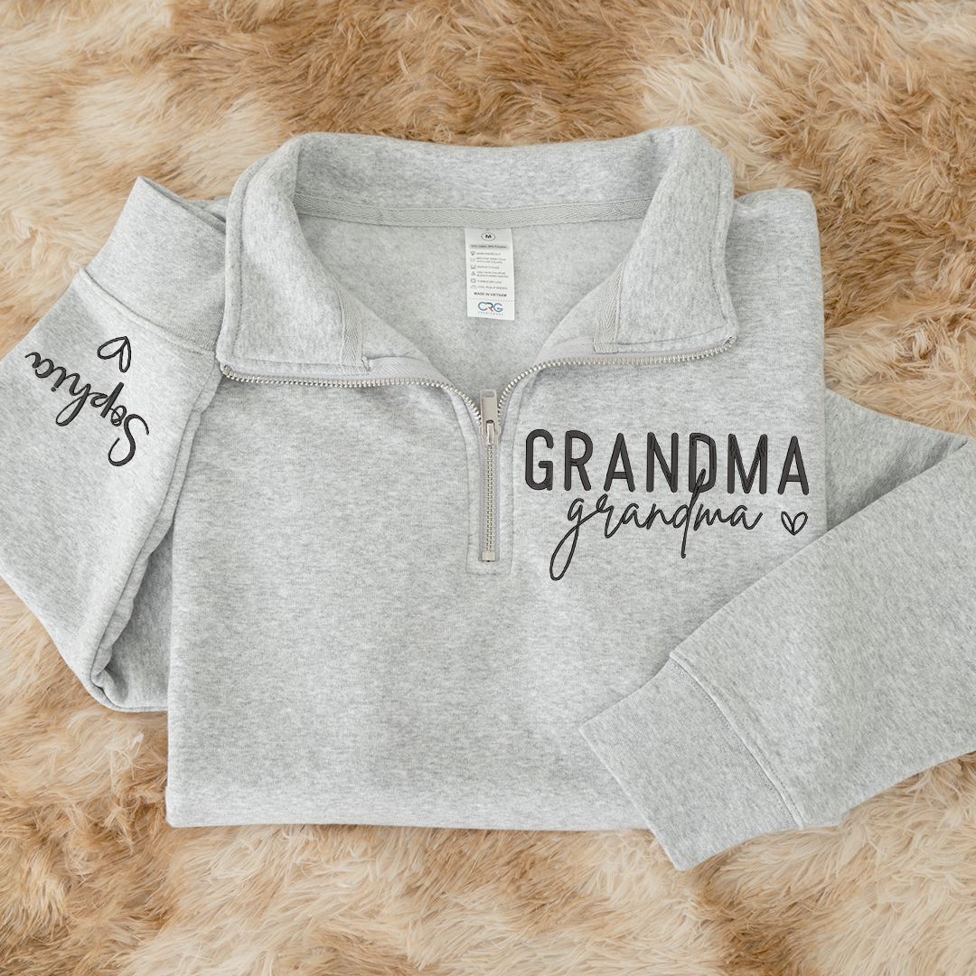 Grandma Heart Sweatshirt, Personalized Grandma And Grandkids Embroidered Quarter Zip Sweater
