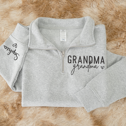 Grandma Heart Sweatshirt, Personalized Grandma And Grandkids Embroidered Quarter Zip Sweater
