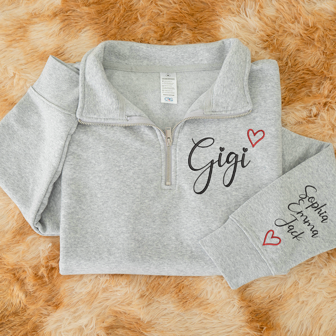 Gigi Heart Sweatshirt, Personalized Gigi Embroidered Quarter Zip Sweater