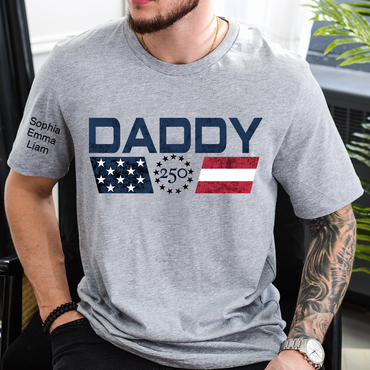 Personalized Daddy 250 Years Of Freedom Shirt With Kids Names Sleeve, Patriotic Dad Family, U.S. 250th Anniversary 1776 2026 Gift For Fathers Day Birthday