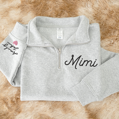 Mimi heart Pink Sweatshirt, Mimi And Grandkids Embroidered Quarter Zip Sweater