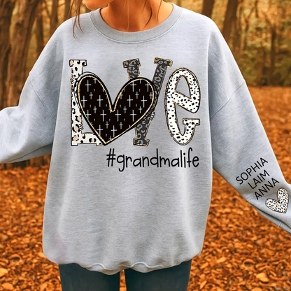 Personalized Love grandmalife Sweatshirt Bible Style Design & Custom Grandkids Names on Sleeve Sweatshirt