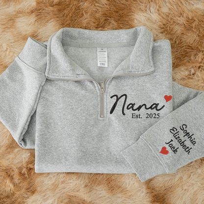 Nana Heart Sweatshirt, Personalized Nana And Grandkids Embroidered Quarter Zip Sweater
