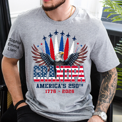 Personalized Grandpa America's 250th Anniversary Shirt Custom Kids Names on Sleeve, Patriotic Eagle Independence Day Shirt, U.S. 250th Anniversary Apparel