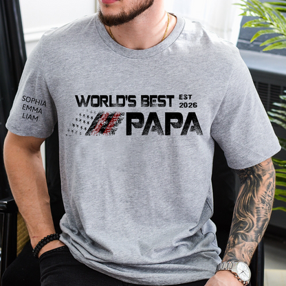 Personalized World’s Best Papa Shirt Custom Kids Names on Sleeve, Patriotic American Flag Grandpa T Shirt, Fathers Day Birthday Gift for Papa Dad Grandpa