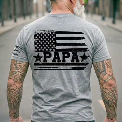 Personalized Papa T-Shirt with Custom Kids Names Option, American Flag Patriotic Design for Dad, Fathers Day Birthday Gift, Family Celebration Shirt