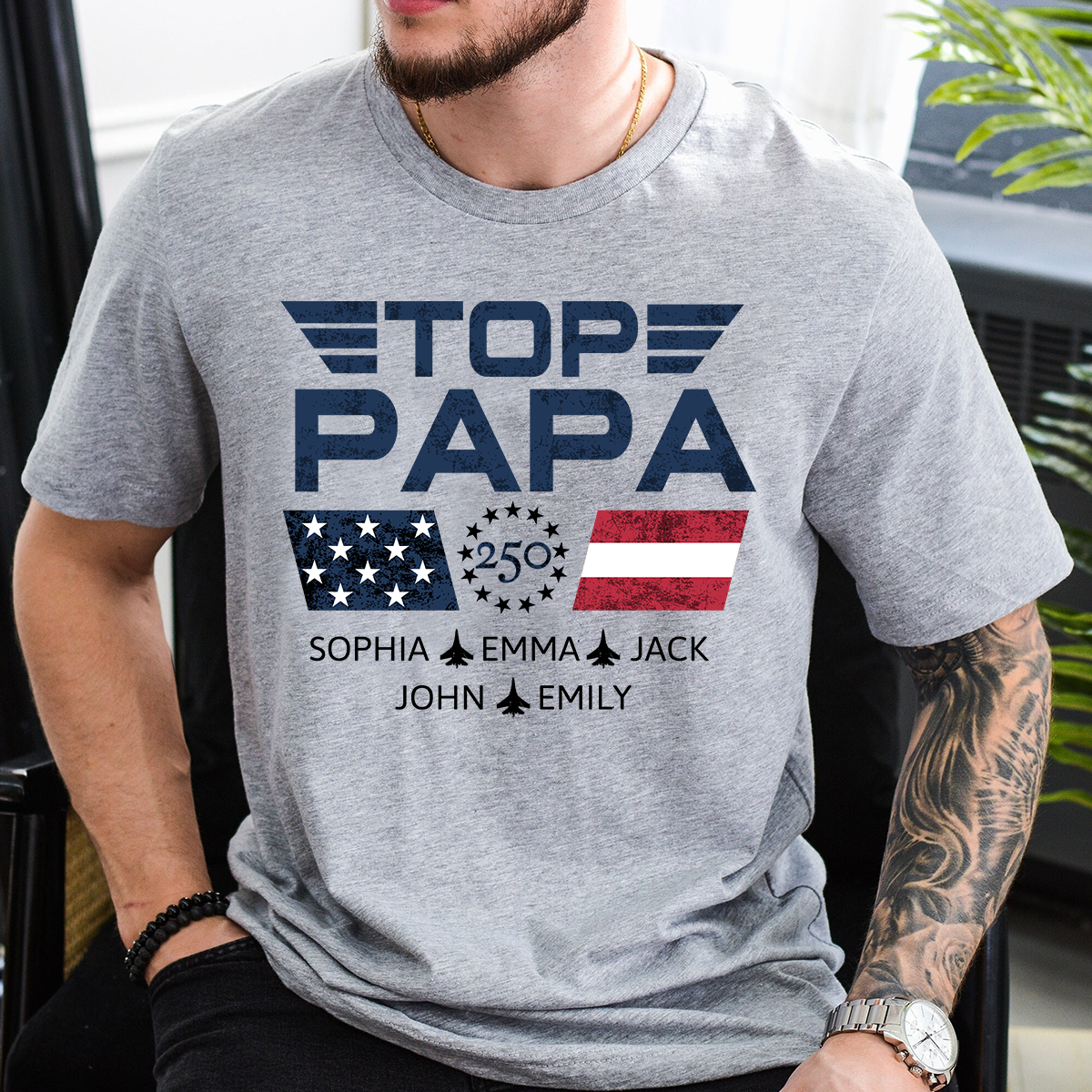 Personalized Top Papa Shirt with Custom Kids Names, Patriotic Airplane Grandpa T Shirt, U.S. 250th Anniversary Family Apparel for Fathers Day Birthday
