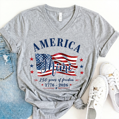 Personalized Mimi America 250 Years of Freedom V-Neck Shirt, Patriotic American Flag Shirt, 1776 2026 USA Celebration, Independence Day Birthday Gift for Mimi Nana Gigi