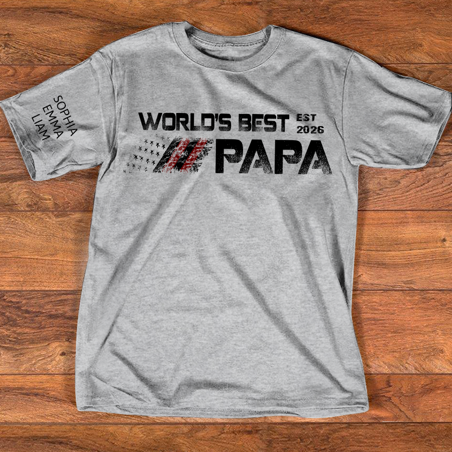 Personalized World’s Best Papa Shirt Custom Kids Names on Sleeve, Patriotic American Flag Grandpa T Shirt, Fathers Day Birthday Gift for Papa Dad Grandpa