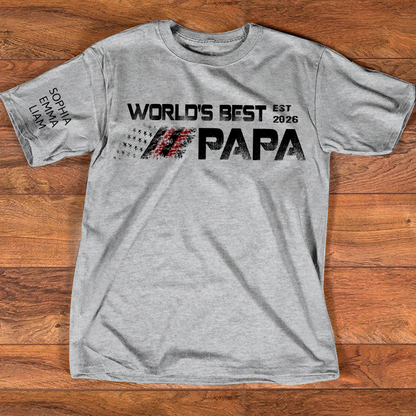 Personalized World’s Best Papa Shirt Custom Kids Names on Sleeve, Patriotic American Flag Grandpa T Shirt, Fathers Day Birthday Gift for Papa Dad Grandpa