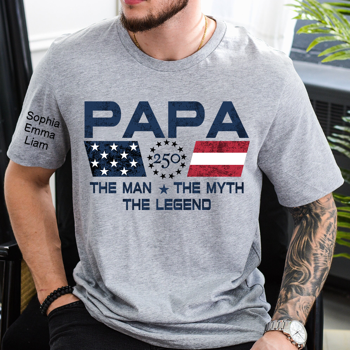 Personalized Papa Patriotic Shirt Custom Kids Names Sleeve, American Flag The Man Myth Legend, U.S. 250th Anniversary, 4th of July Shirt