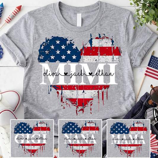 Personalized Mimi's Heart Flag T-shirt with Patriotic Design, Grandma Gigi Mama Mimi Shirt for 4th of July, Patriotic Gift for Mother's Day