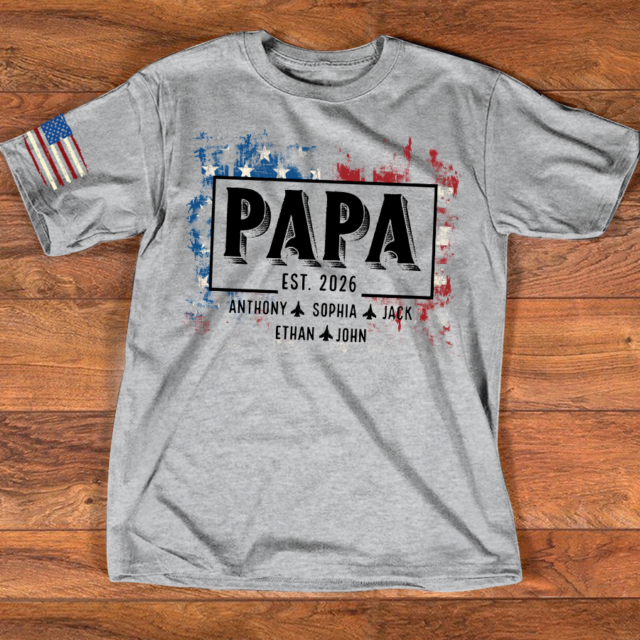 Personalized Papa EST Shirt Custom Kids Names Patriotic American Flag Design, First Time Dad Gift for Grandpa Father Birthday Fathers Day