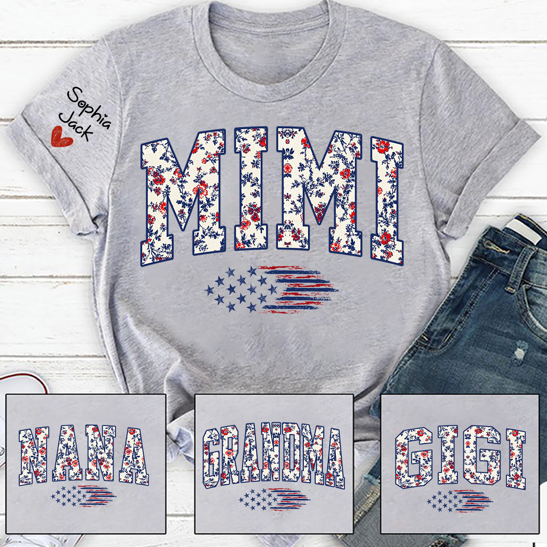 Personalized Floral Mimi Flag American T-shirt - Custom Family Nickname Shirt with USA Flag Design for 4th of July, Perfect for Nana, Gigi, Grandma