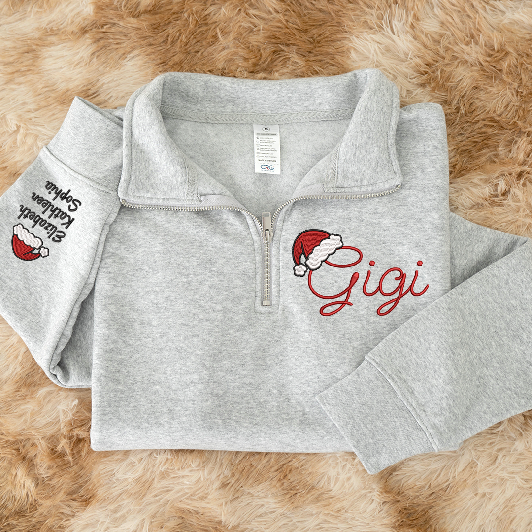 Gigi hat santa Merry Christmas Sweatshirt, Grandma And Grandkids Embroidered Quarter Zip Sweater
