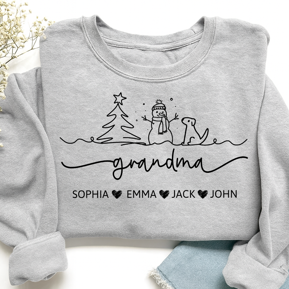 Grandma Snowman Dog Line Drawing And Grandkids Merry Christmas Sweatshirt