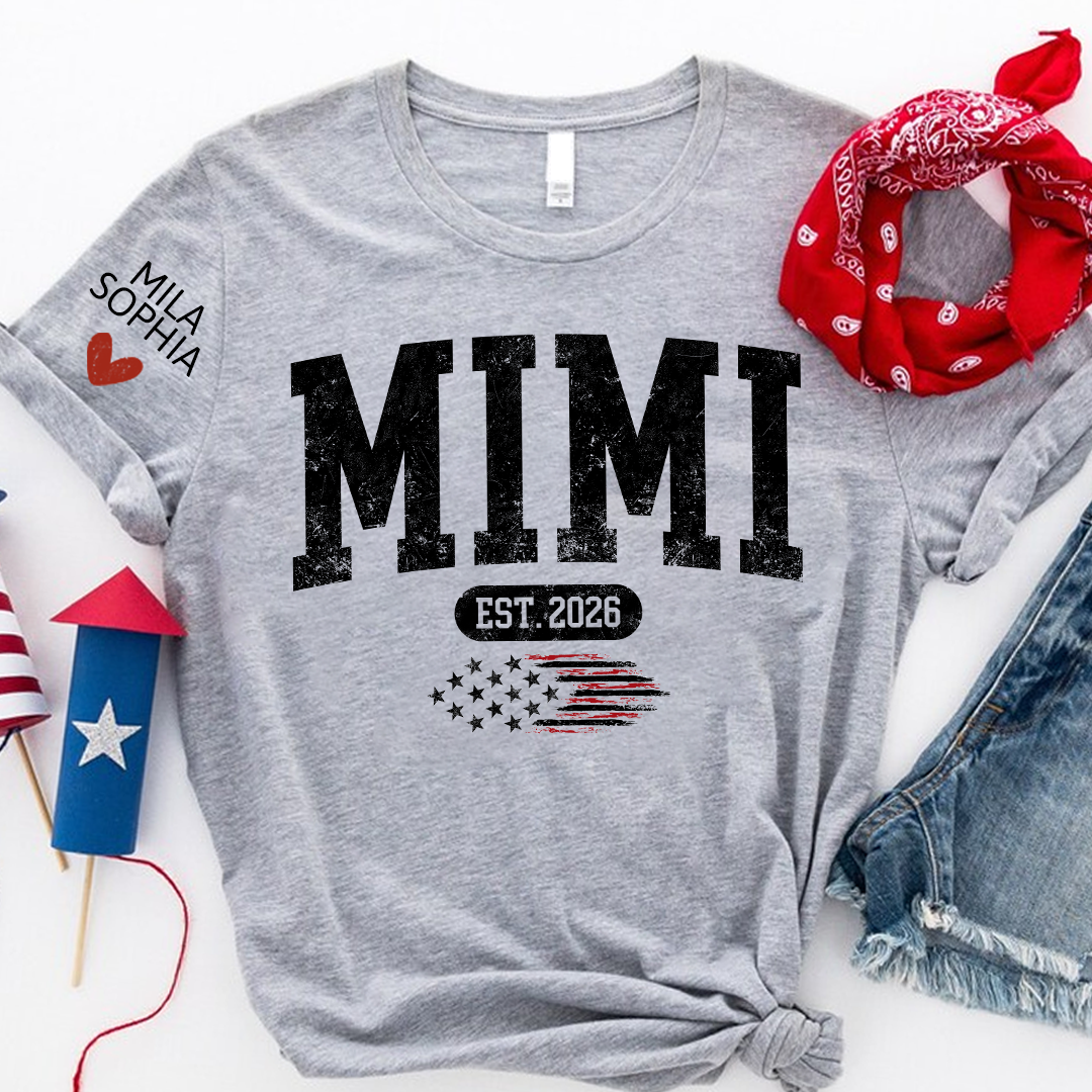 Personalized Mimi EST American Flag T-Shirt – Custom Mimi, Gigi, Nana Shirts, Patriotic Gift for Grandparents, Perfect for Mother’s Day and Birthdays