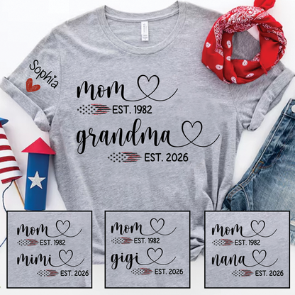 Personalized Mom & Grandma T-Shirt, Custom EST Year Design for Mom, Grandma, Mimi, Gigi, Nana, American Flag Hearts Graphic, Gifts for Mother's Day, 4th of July