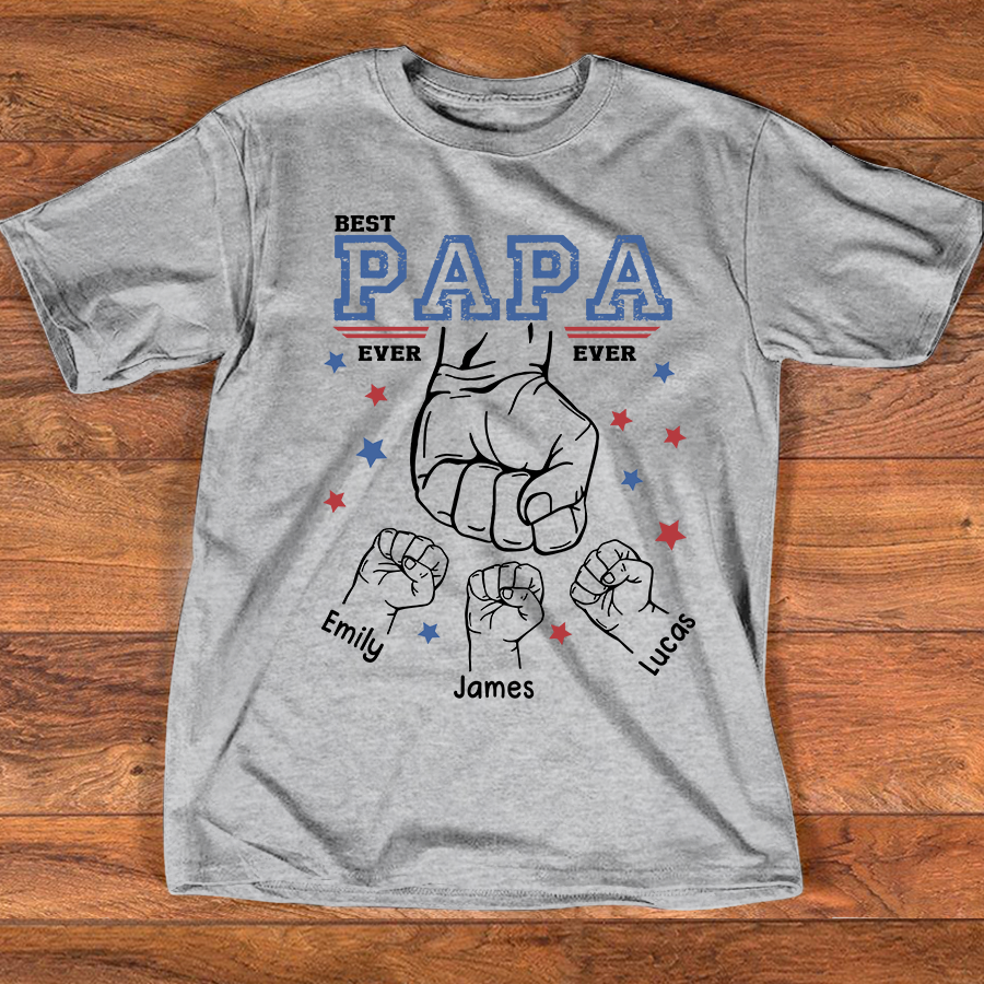 Best Papa Ever Shirt, Personalized Grandpa Fist Bump T Shirt with Kids Names, Custom Papa Papaw Poppy Grandpa Gift for Father's Day Birthday Tee