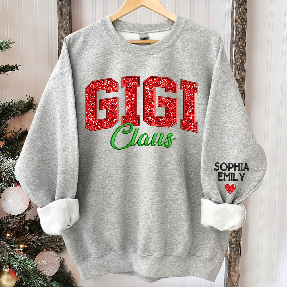 Glitter Embroidered Gigi Claus And GrandKids Christmas 2024 Sweatshirt