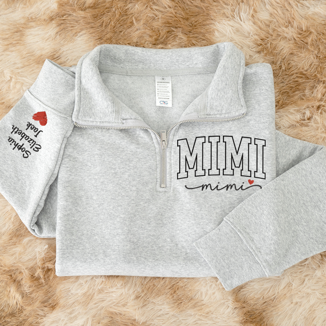 Personalized Mimi Sweatshirt, Mimi Heart And Grandkids Embroidered Quarter Zip Sweater