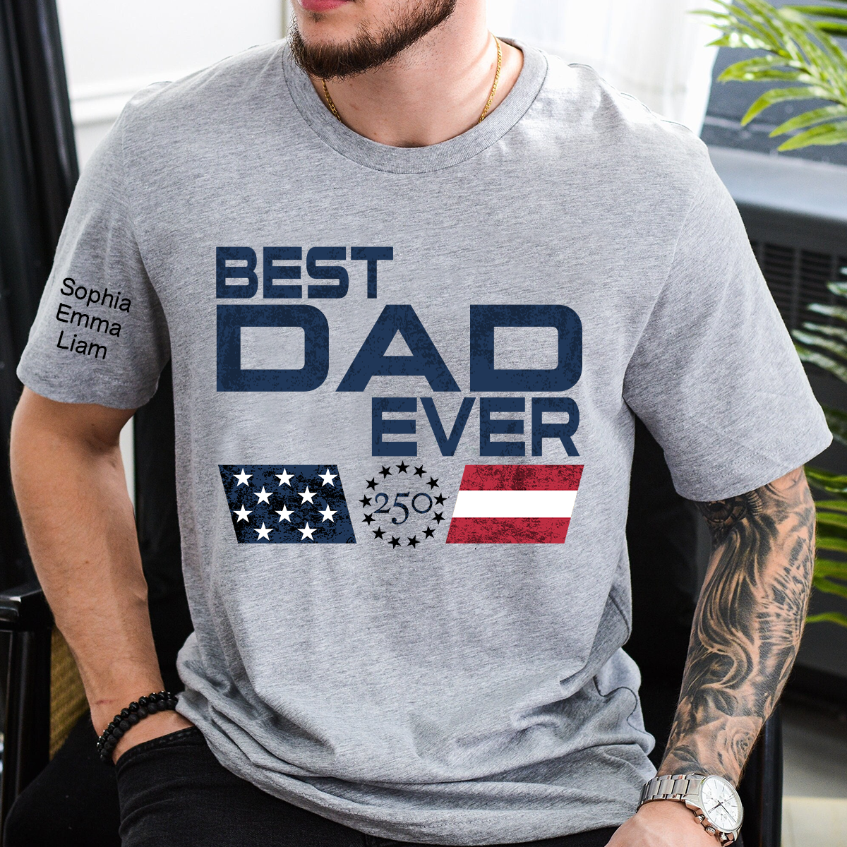 Personalized Best Papa Ever 250 Years Of Freedom Shirt With Kids Names Sleeve, Patriotic Grandpa Family, U.S. 250th Anniversary 1776 2026 Gift For Fathers Day Birthday