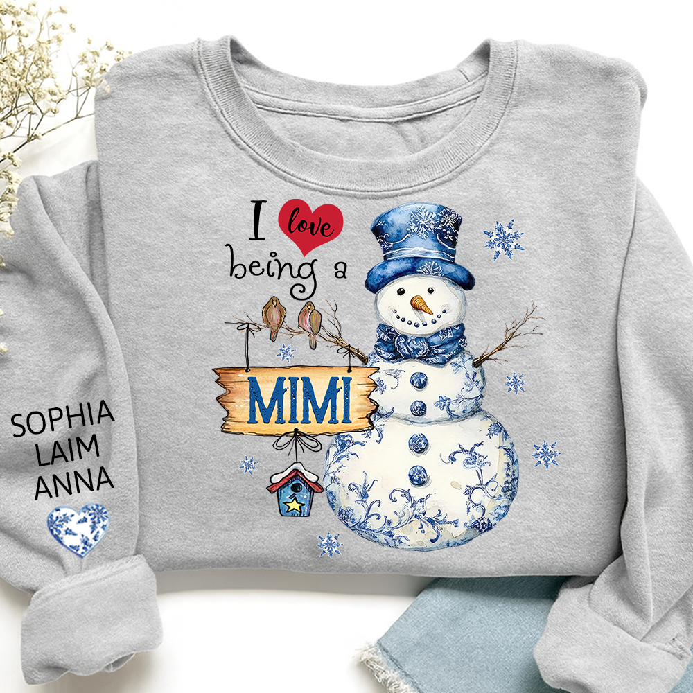 Personalized I Love Being a Mimi Snowman blue toile Sweatshirt and Grandkids Name Winter Design