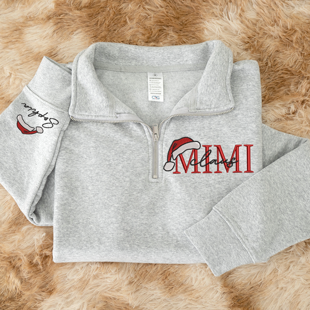 Mimi Claus Sweatshirt, Grandma And Grandkids Embroidered Quarter Zip Sweater
