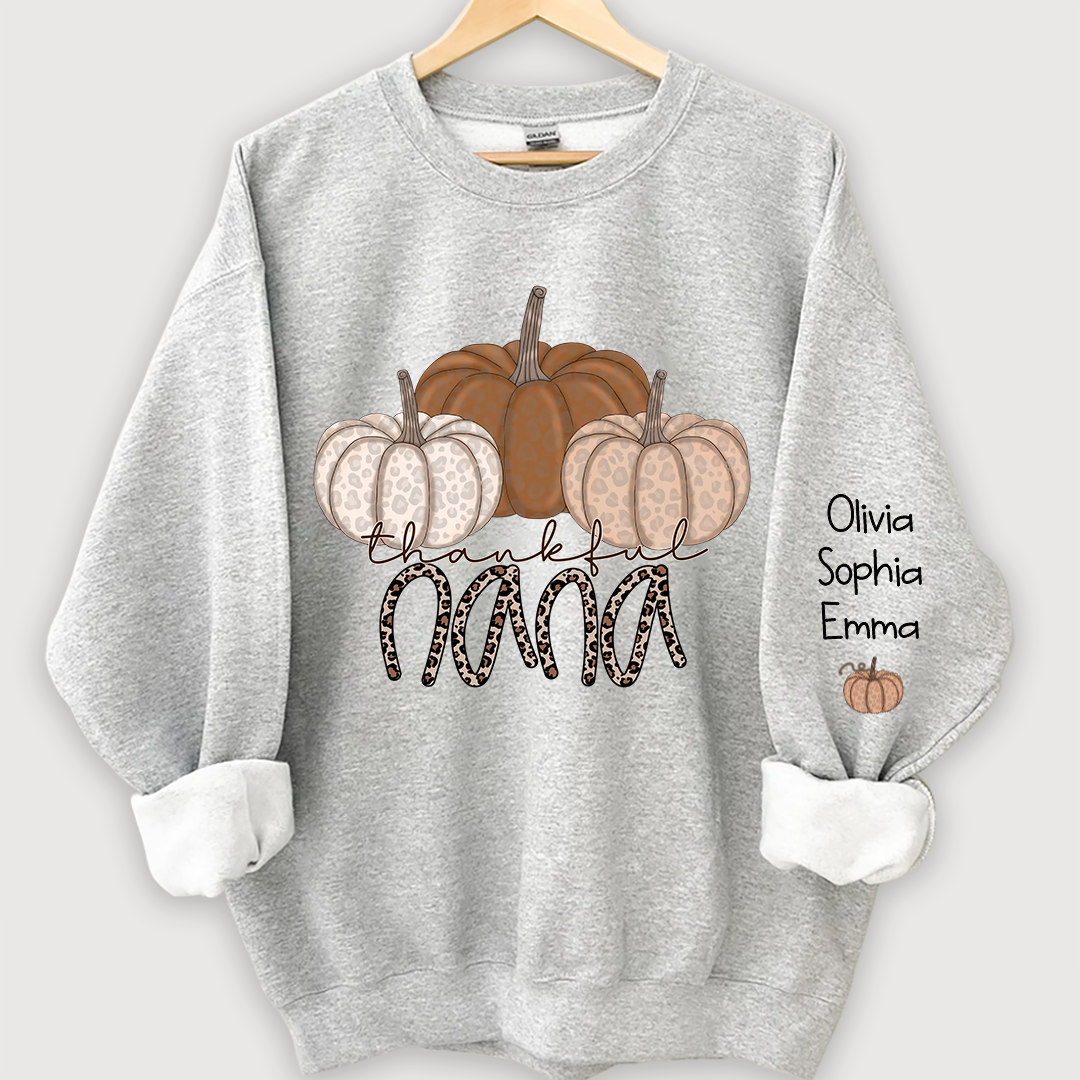 Thankful Nana Pumpkin Leopard and Grandkids on sleeve Sweatshirt